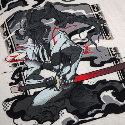 Detailed view of the 'Hakumen' design featured on a Blazblue tee. The design is described as 'The white void. The cold steel. The just sword. This is Hakumen.' This tee is designed for those seeking justice and is officially licensed, combining beauty and comfort.