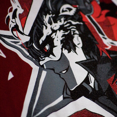 A closeup of Joker from the Persona 5 Masks T-Shirt.