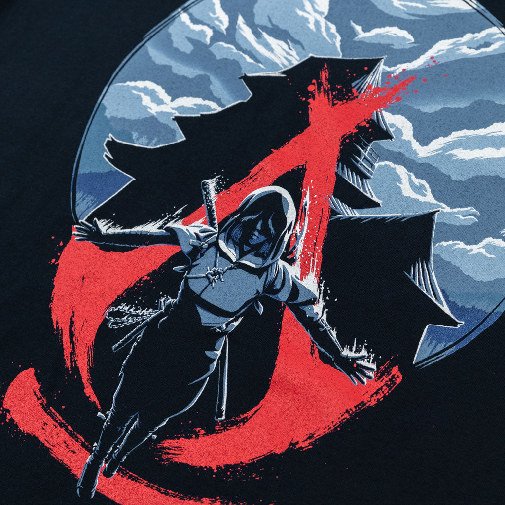 Closeup image of the Assassin&#39;s Creed Shadows Leap of Faith t-shirt