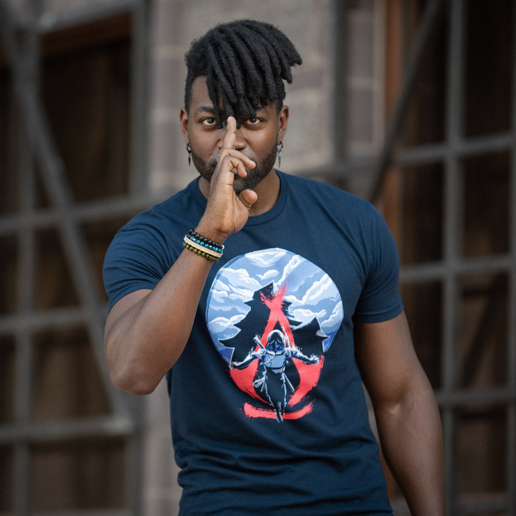 Model wearing Assassin&#39;s Creed Leap of Faith graphic tee