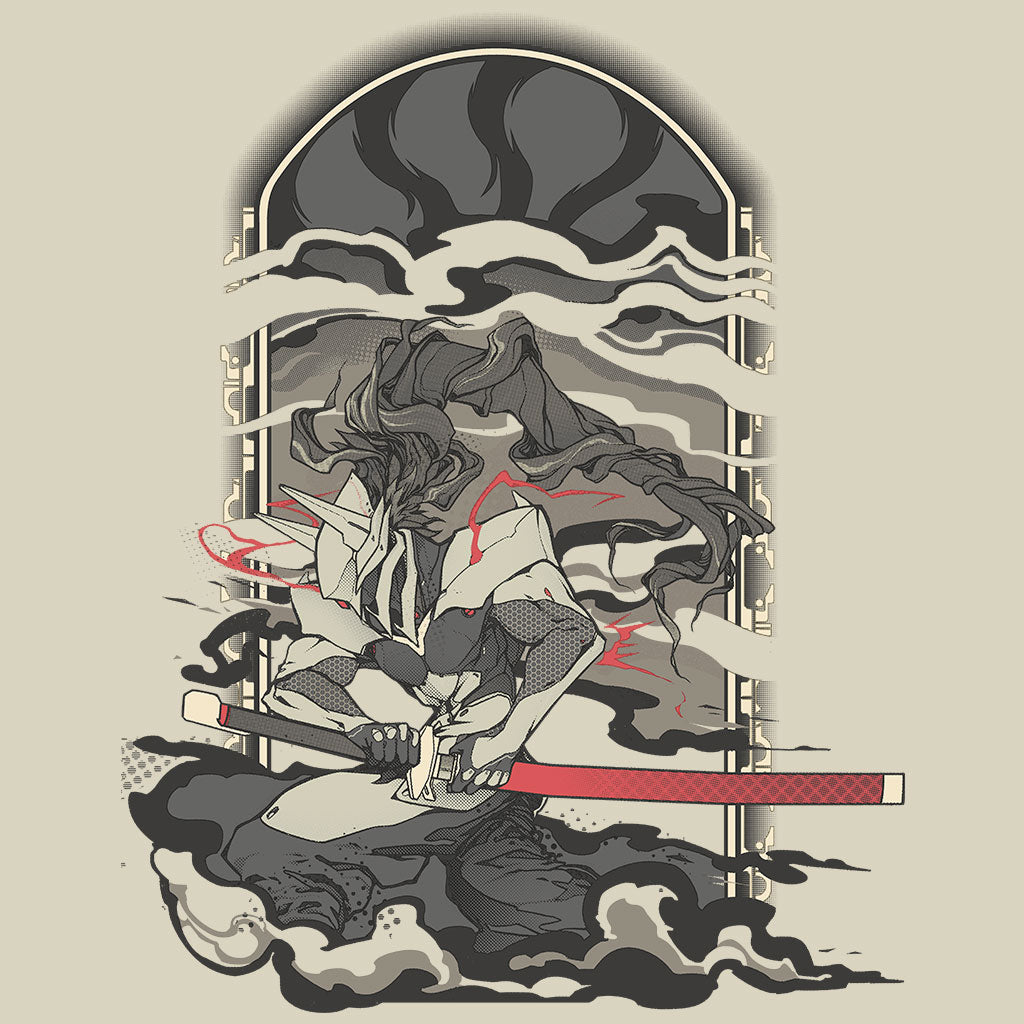 Blazblue Hakumen shirt by Eighty Sixed. Cutout image of shirt on a pixellated background.