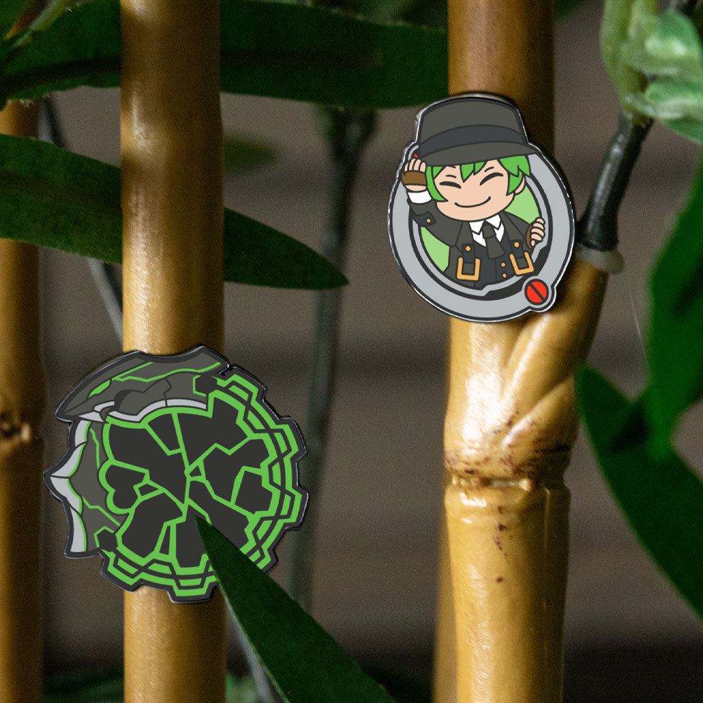 Blazblue Hazama and Ouroboros pins displayed, Eighty Sixed exclusive