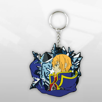 Blazblue Jin Portrait keychain by Eighty Sixed. Showing the keychain cutout on a pixelated background.