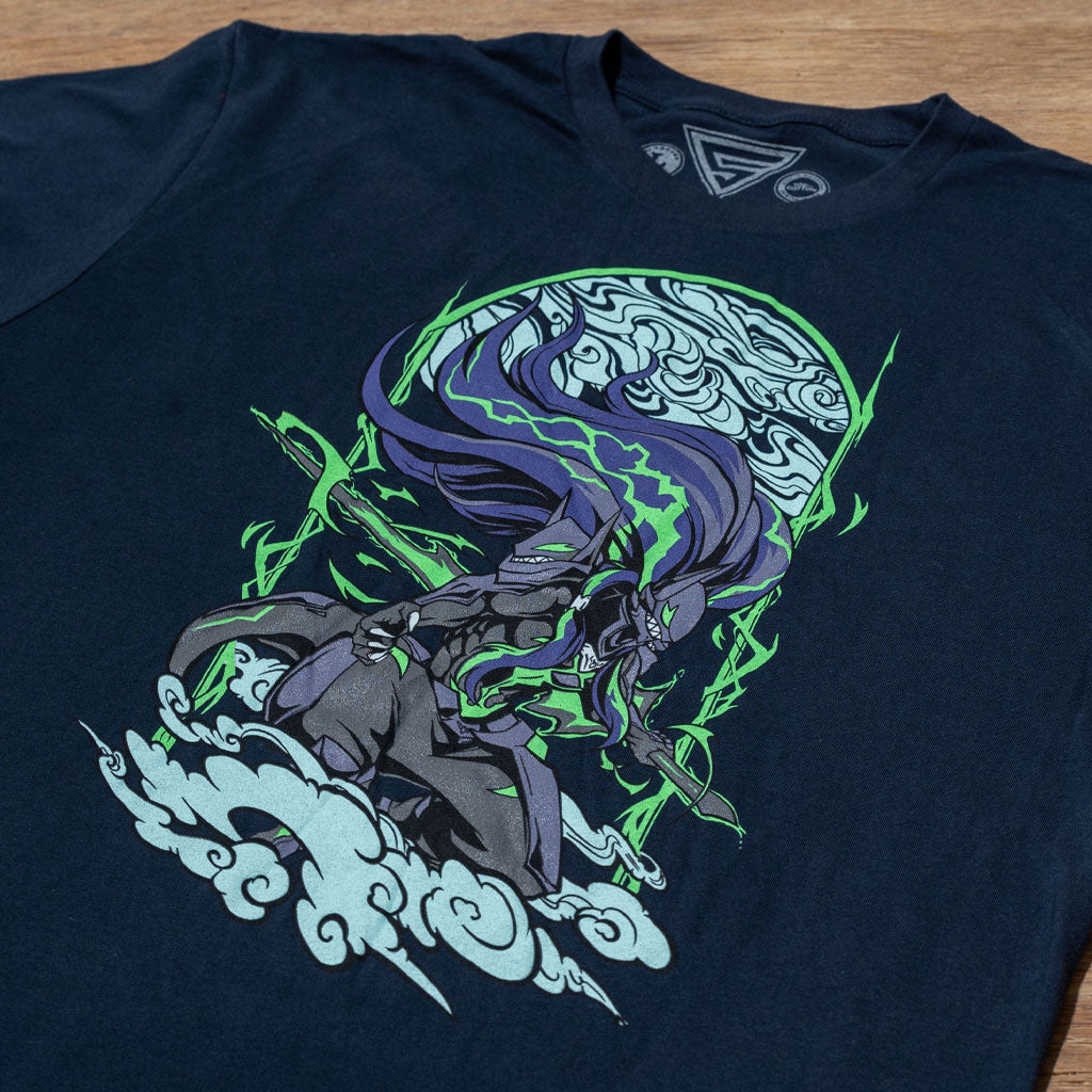 Image featuring the Blazblue Susanoo shirt, showcasing a unique design, set against a pixelated background.