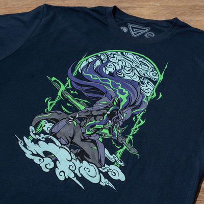 A detail photo shows the Eighty Sixed Blazblue Susanoo tee shirt on a wooden table.