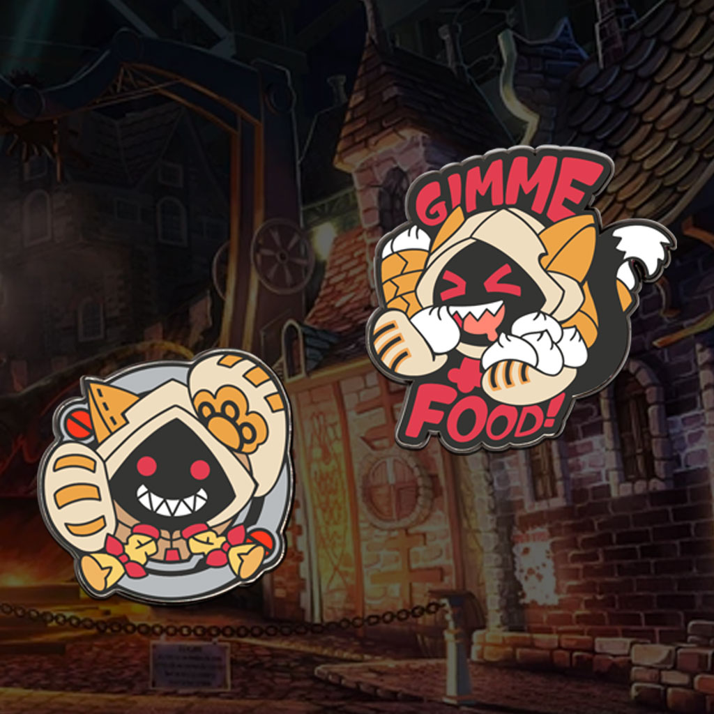Image displaying the cutout of Taokaka pins, part of the Blazblue merchandise collection, creatively positioned against a background depicting Taokaka&#39;s village level in the game.