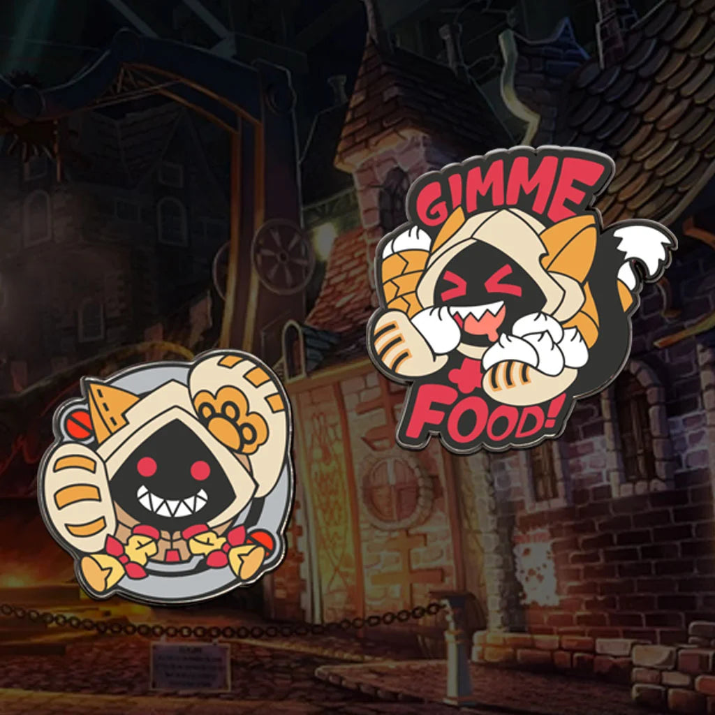 BlazBlue Taokaka enamel pins on Kaka village background, individually numbered