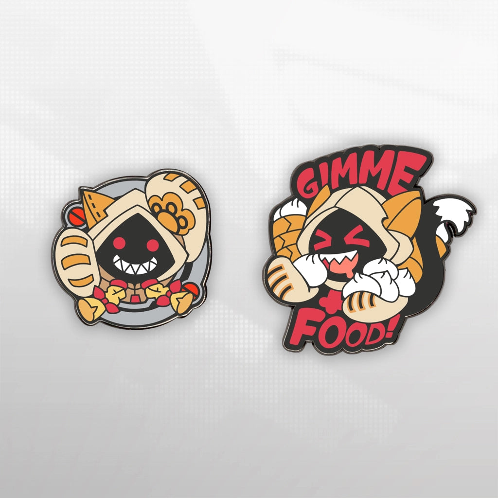 BlazBlue Taokaka enamel pin set, Gimme Food design with meat buns, Eighty Sixed