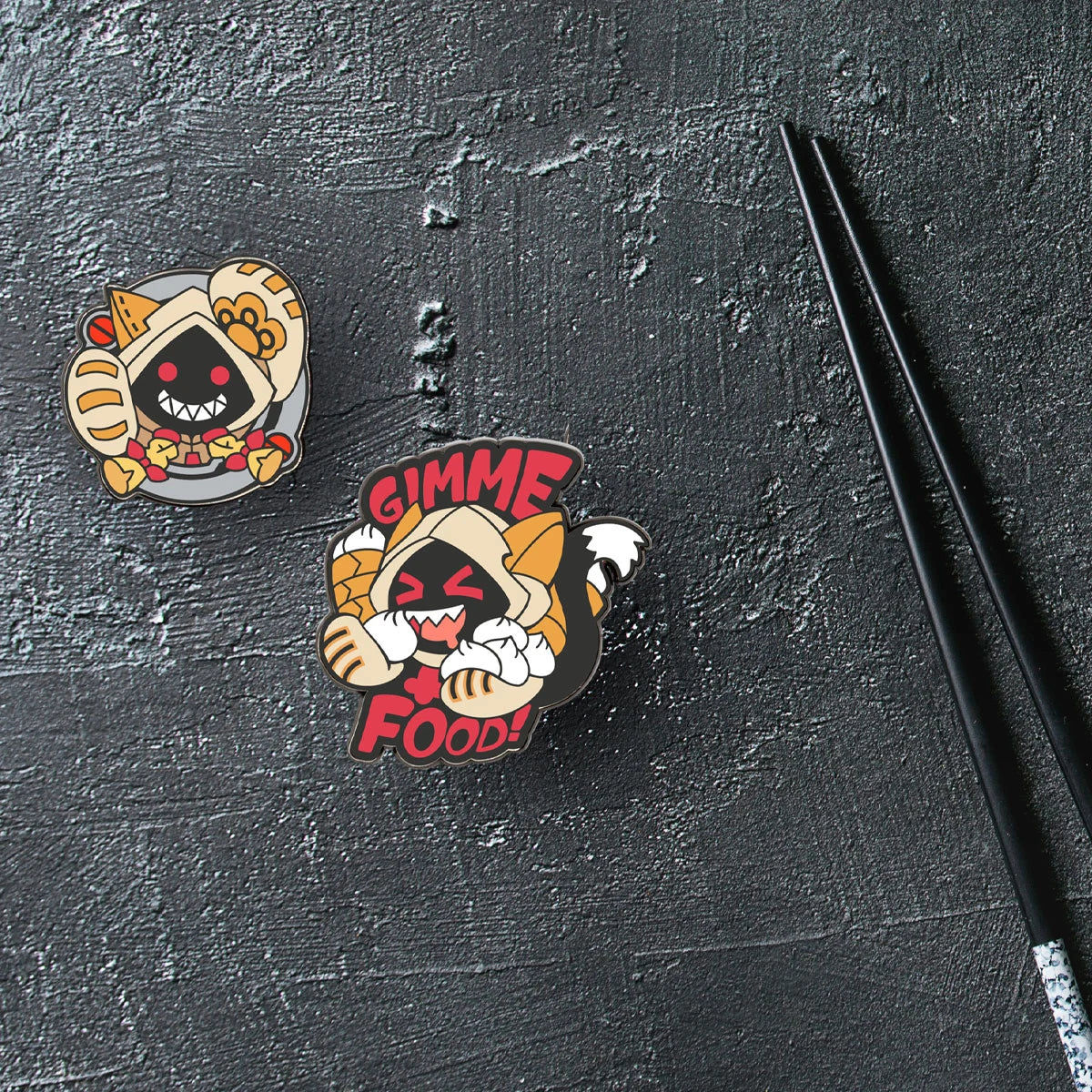 Blazblue Taokaka enamel pin set with chopsticks, meat bun food theme