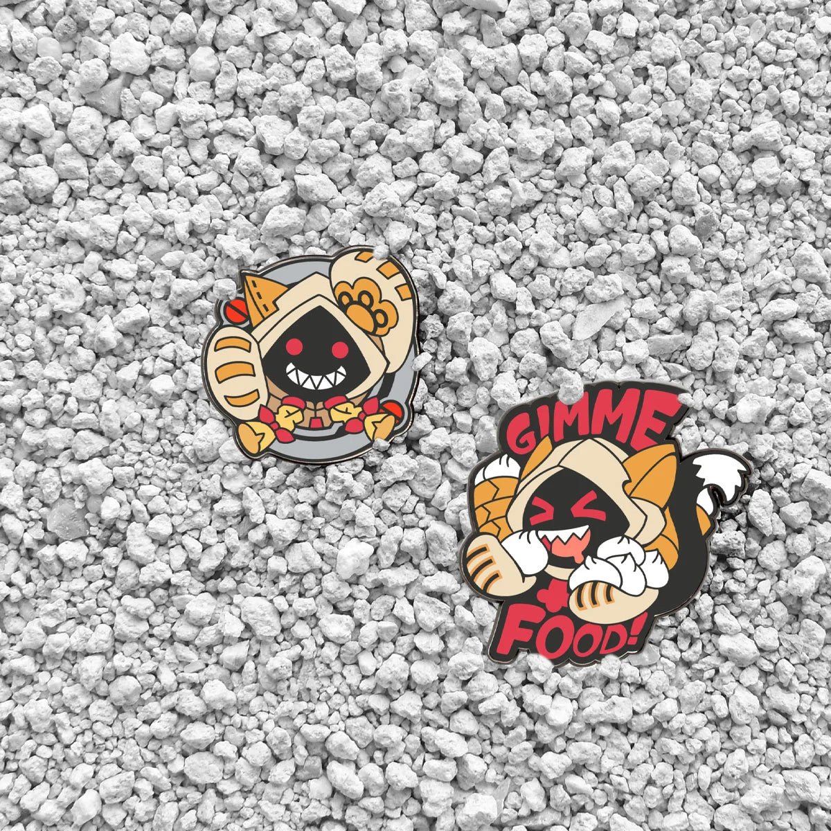 BlazBlue Taokaka enamel pins on light stone background, Eighty Sixed exclusive