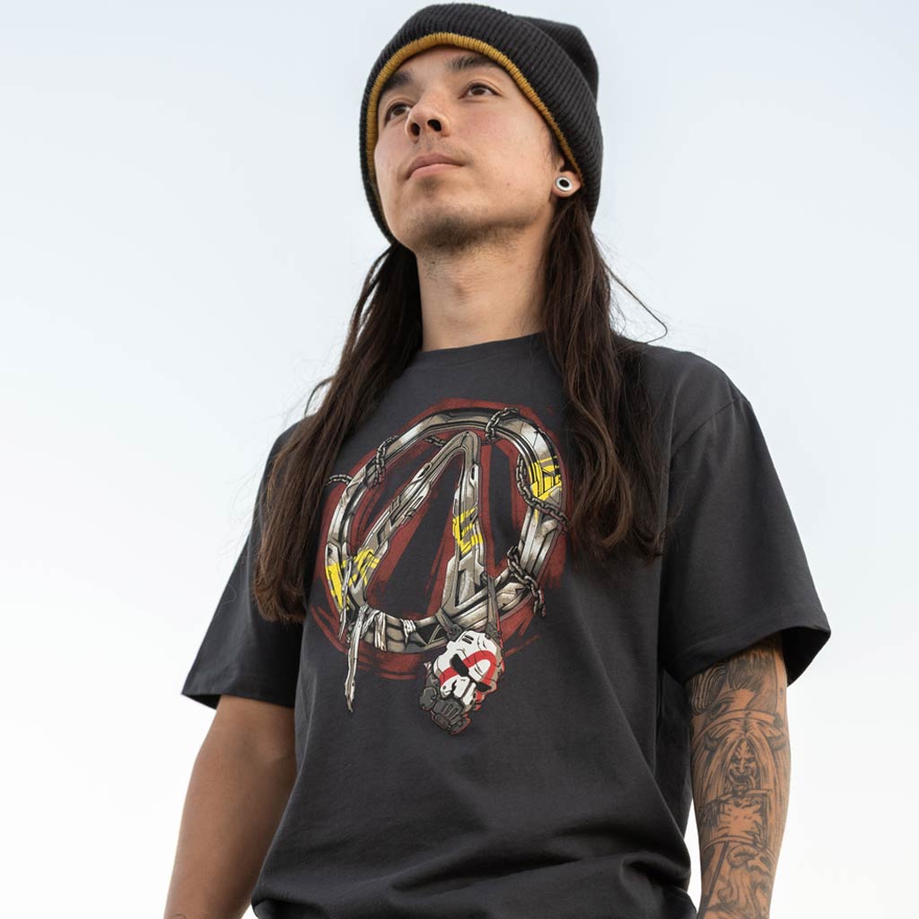 Mockup of the Borderlands 4 Psycho Ripper T-Shirt featuring the vault symbol