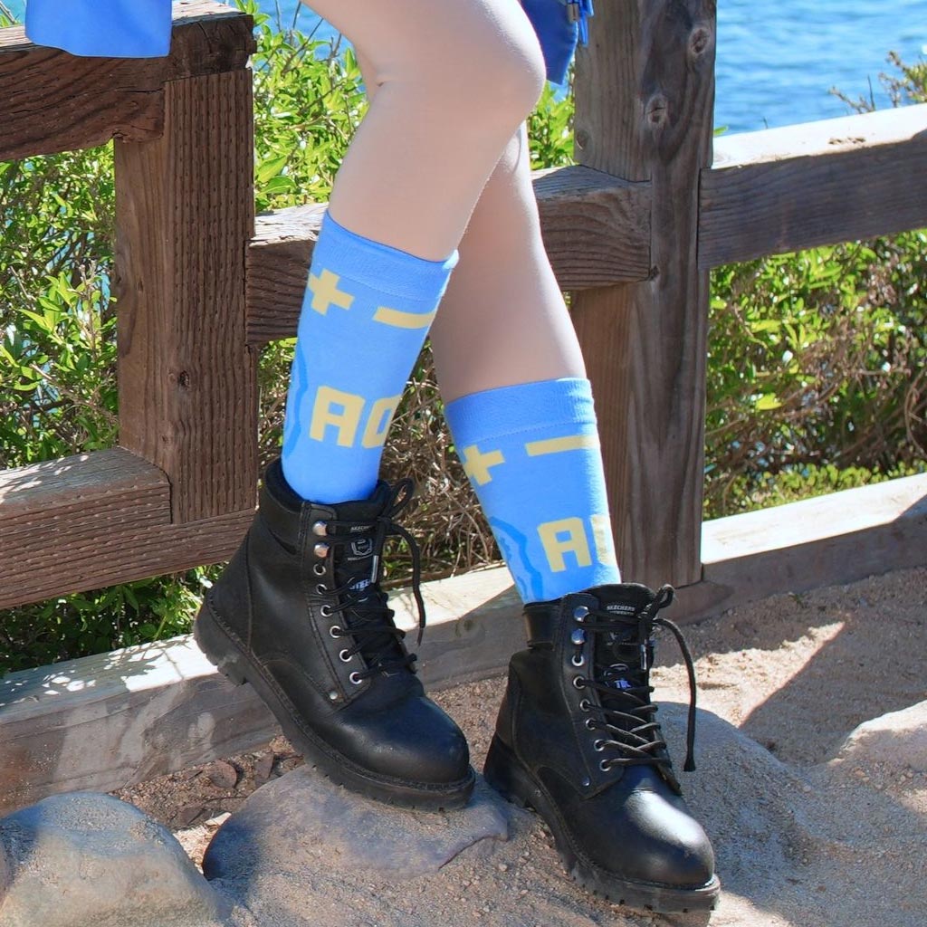 Guilty Gear Bridget crew socks featuring Bridget and Roger design