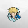 A photo of the Guilty Gear Ky Kiske Pin sitting on a pixellated background of grey and white.