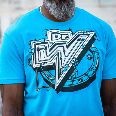 Image is a close up of a man wearing the Mega Man Dr. Wily tee. It is a brilliant blue color which nice white and black details.
