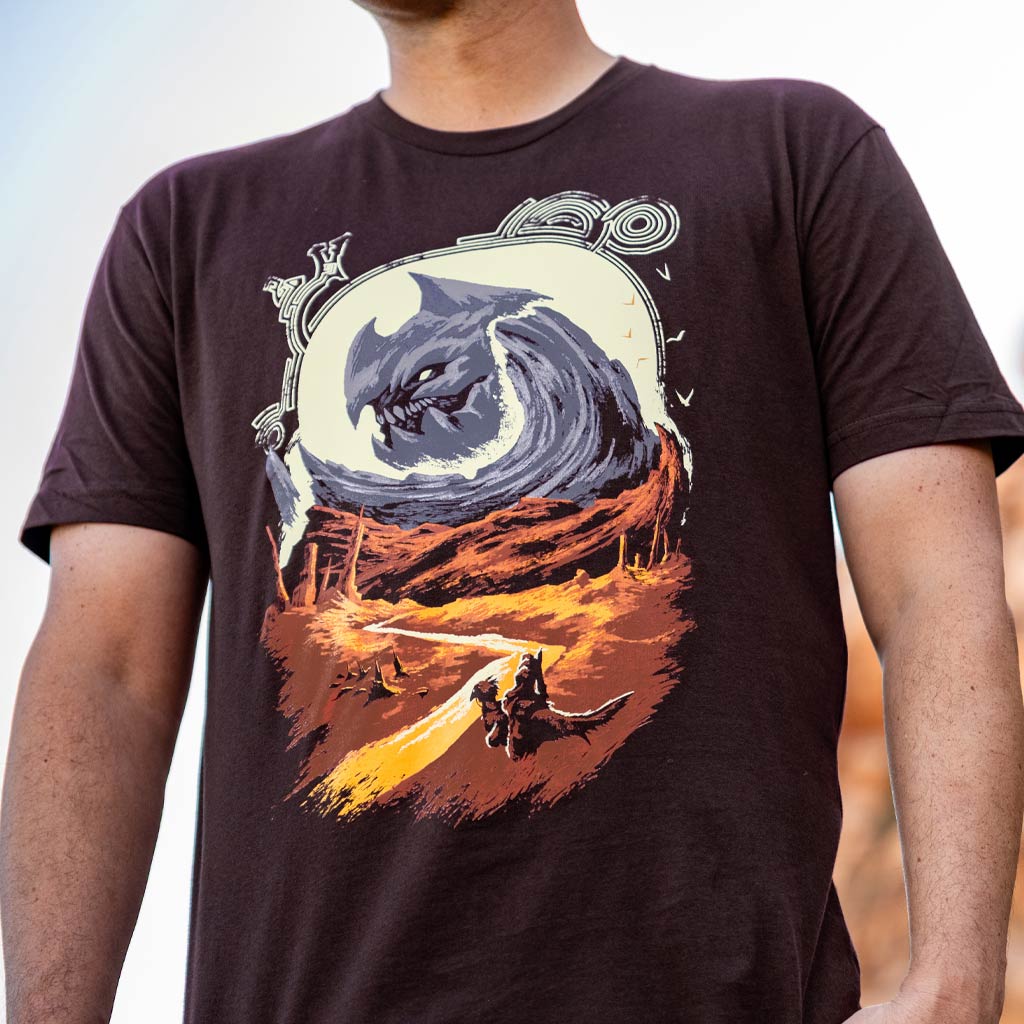Monster Hunter Wilds Arkveld t-shirt featuring flying wyvern with chainblade wings