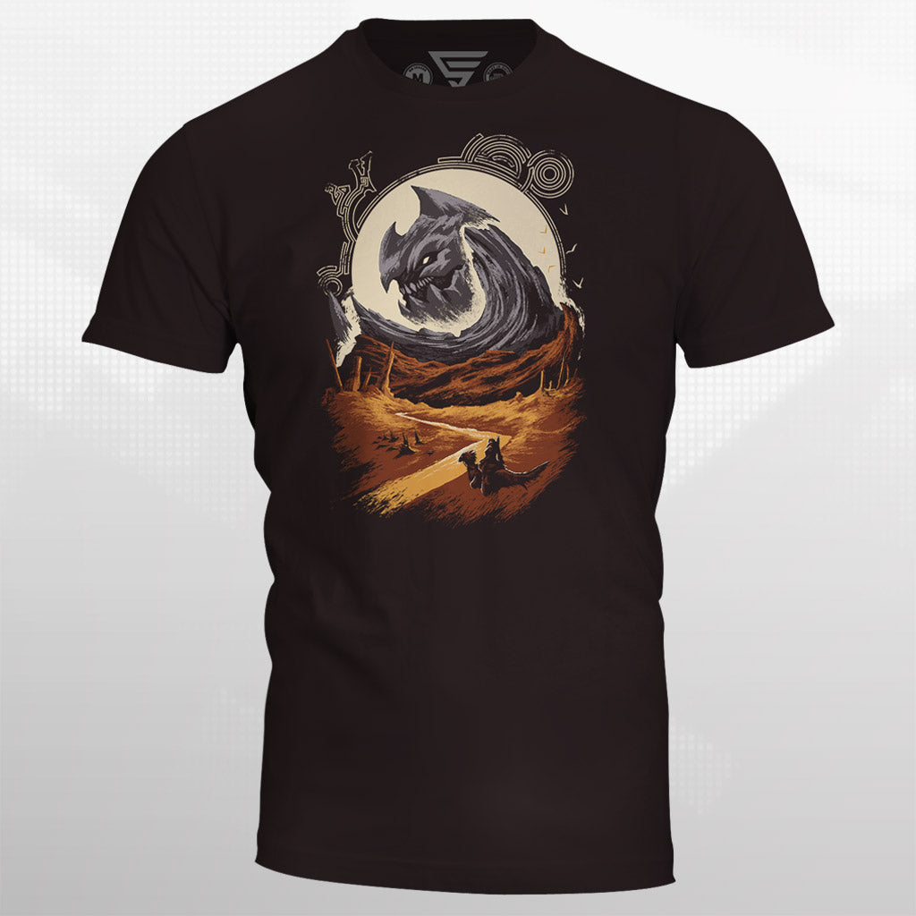 Monster Hunter Wilds Arkveld t-shirt featuring flying wyvern with chainblade wings