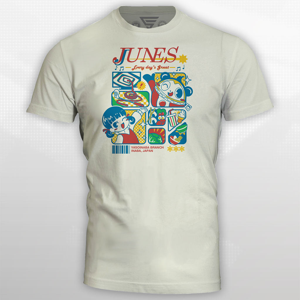 Mockup of the officially licensed Persona 4 Junes Shopping T-Shirt featuring the iconic Junes logo design