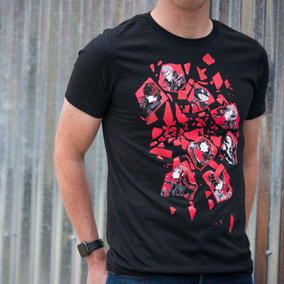 Close up photo of a man wearing the Persona 5 All Out Attack tee in front of a blurred metal wall.