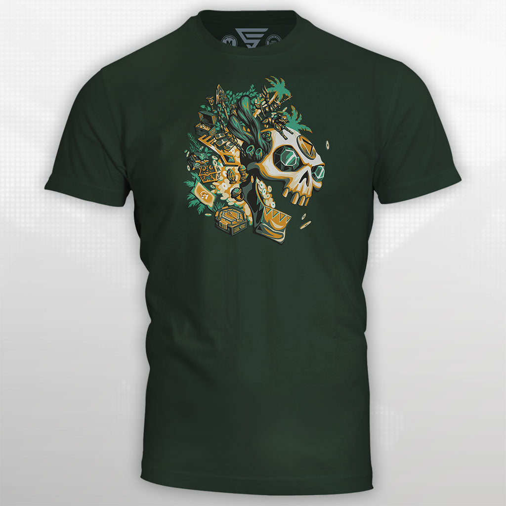 Mockup of the Sea of Thieves Gold Hoarder T-Shirt featuring treasure-themed pirate faction design