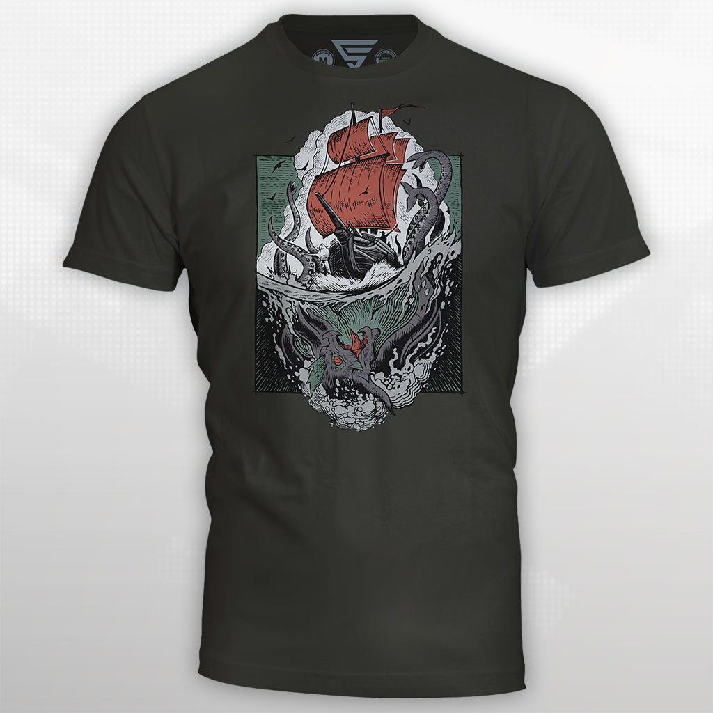 Mockup of the Sea of Thieves Kraken T-Shirt featuring a legendary kraken-inspired pirate design