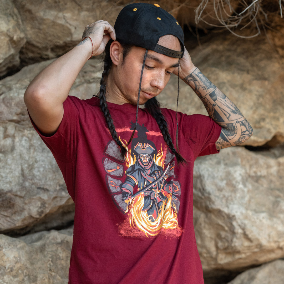 Lifestyle photo of model wearing the Sea of Thieves Reaper’s Bones T-Shirt by Eighty Sixed