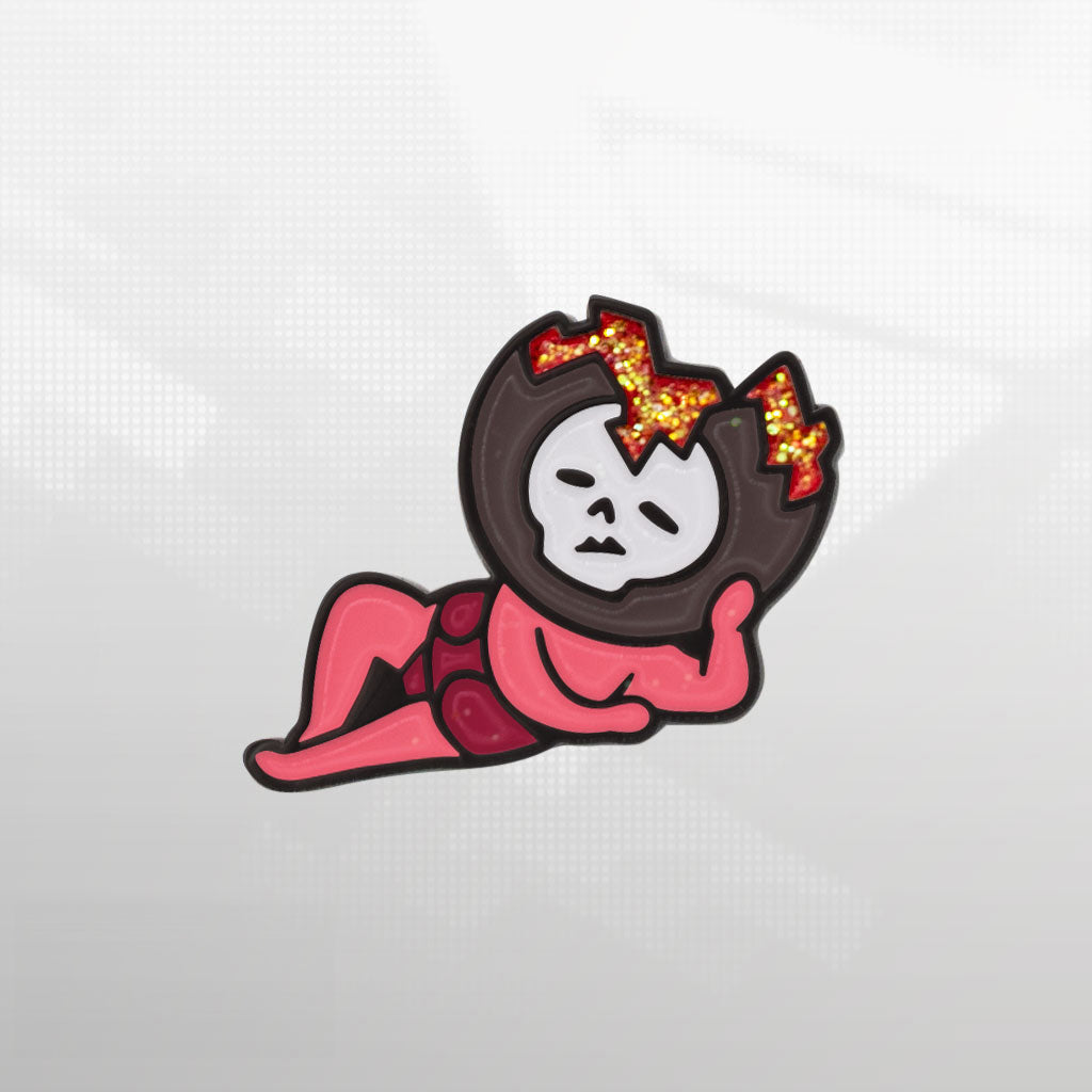 The Shin Megami Tensei V Lazy Miman pin set on a pixellated background.