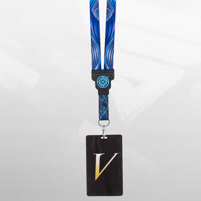 The Shin Megami Tensei V Fusion reversible lanyard is shown on a pixellated background.