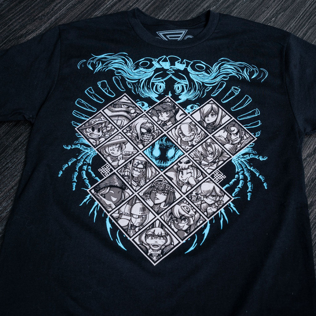 Skullgirls All Star tee laid flat on a black table.