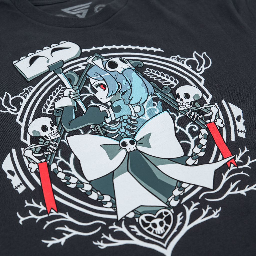 Closeup photo of the Skullgirls Marie t-shirt print by Eighty Sixed