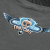 A closeup detail shot of the back logo on the Skullgirls New Meridian long sleeve shirt.