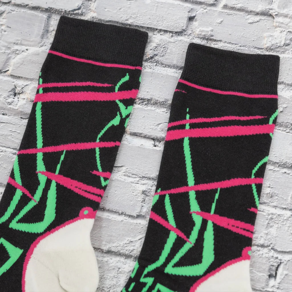 Juri Street Fighter 6 socks detail, black with magenta and green spider motif