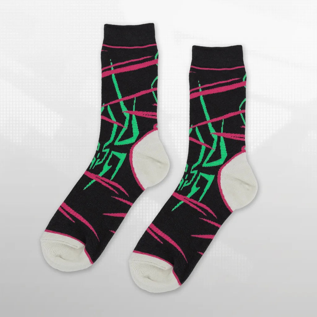 Juri Street Fighter 6 socks flat lay, black with magenta and green spider pattern