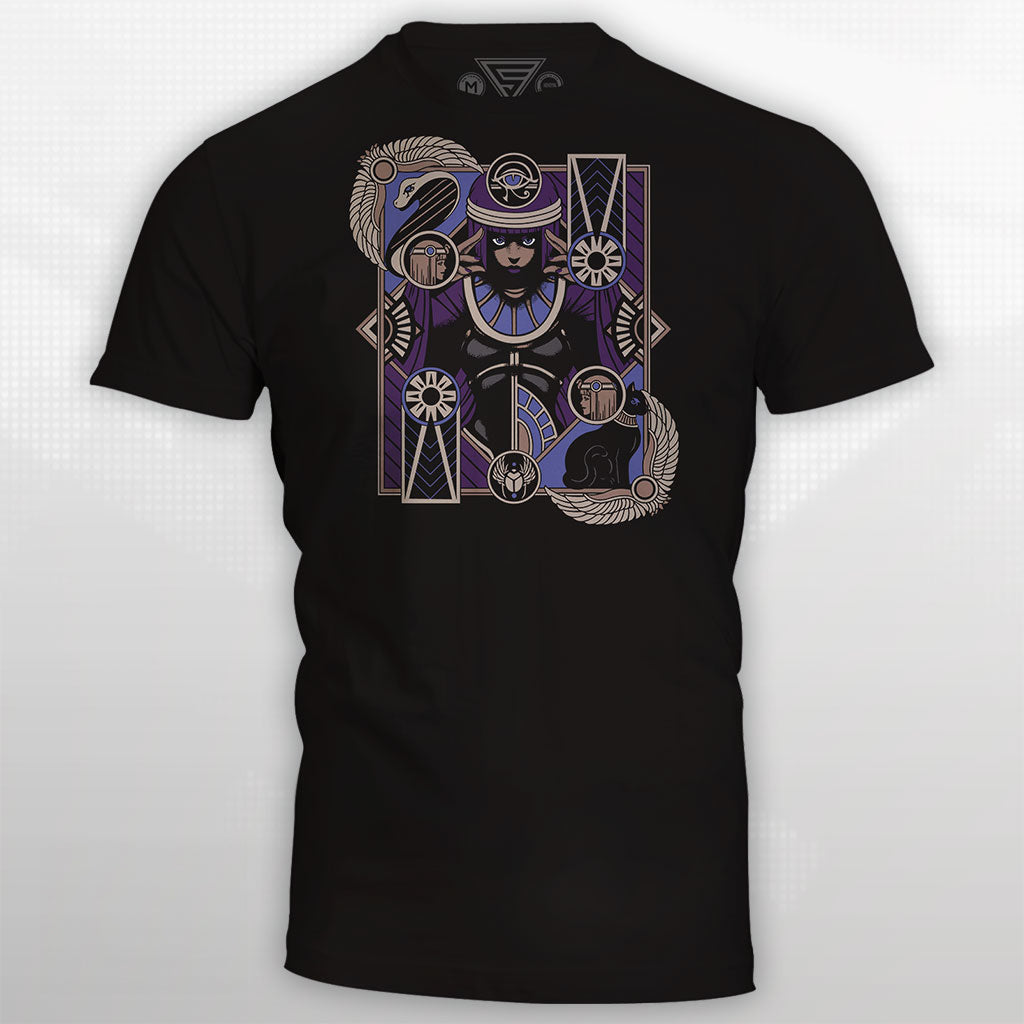 Street Fighter Menat T-Shirt by Eighty Sixed. This is a mockup photo of the tee on a pixellated background.