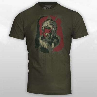 This dark green shirt features the face of Nash from Street Fighter.