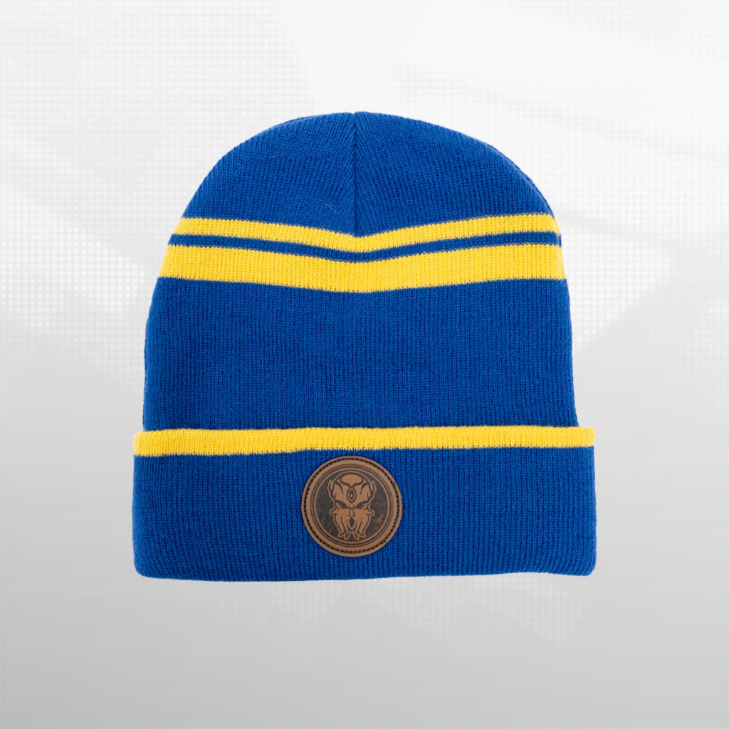 Blue and Gold Terraria Cultist Beanie featuring a woven patch of the Moon Lord.