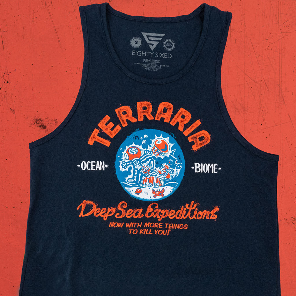 Flatlay of the Terraria Ocean Biome Tank Top showing circular design with the character being electrocuted by a jellyfish