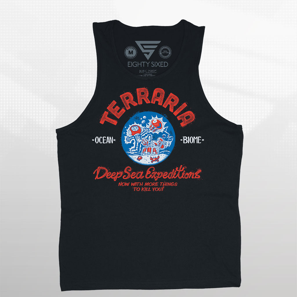 Mockup of Terraria Ocean Biome Tank Top featuring a circular deep-sea expedition design with character electrocuted by jellyfish and “Terraria” logo above