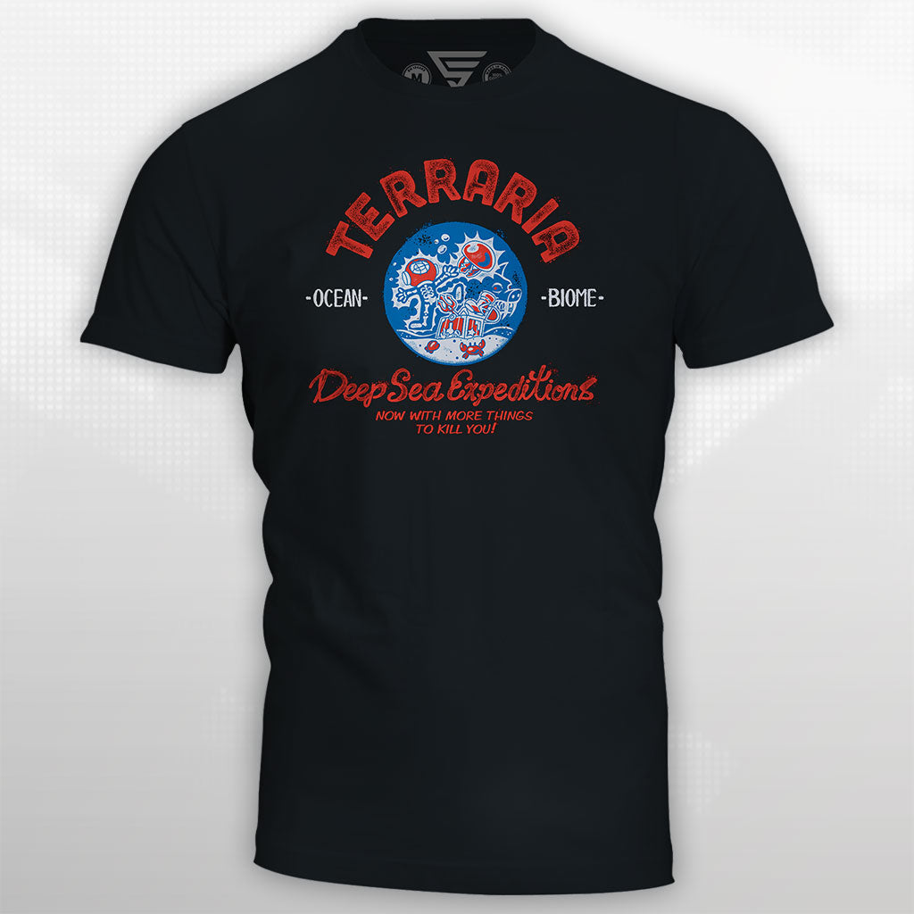 Mockup featuring the Terraria Ocean Biome design on a t-shirt. 