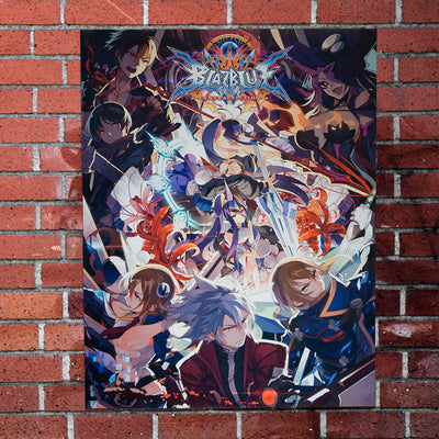Image of a Limited Edition 'Blazblue Central Fiction' poster on a brick wall, featuring artwork related to the stunning conclusion of Ragna's tale in PHASE IV. Heroes of the past and present collide in this poster that depicts the fate of all timelines.