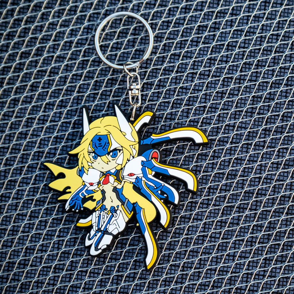 Noel Vermillion Mu-12 keychain displayed, Eighty Sixed exclusive