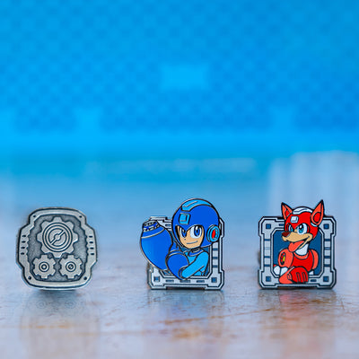 Photograph of all 3 Mega Man 11 pins: Mega Man, Rush and the Double Gear!