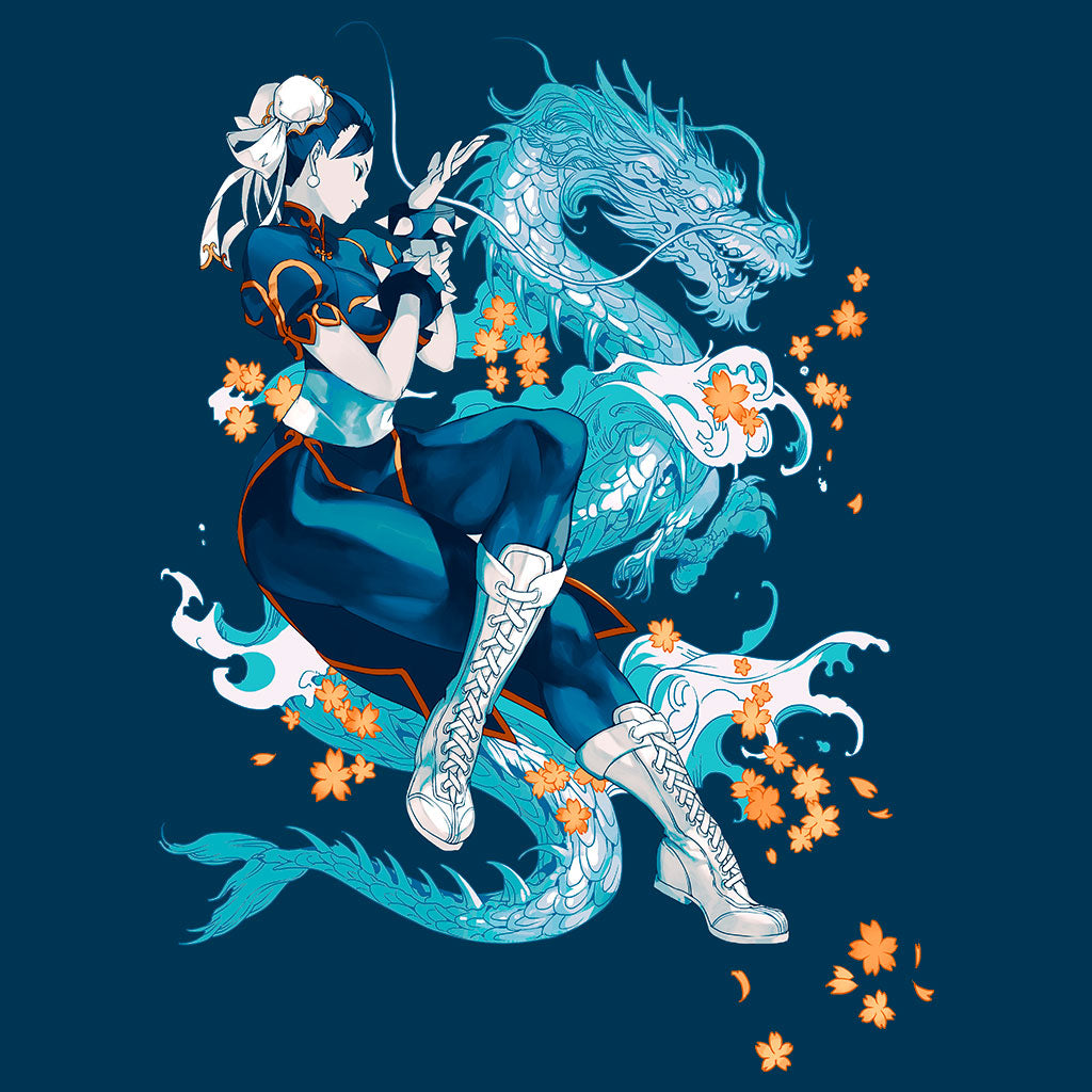 The Street Fighter Chun-Li T-shirt by Eighty Sixed. A gorgeous deep blue t-shirt with iconic Chun-Li surrounded by golden flower petals and her dragon!