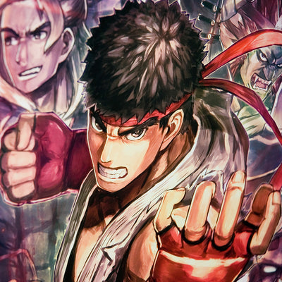 Close up of the Street Fighter Rise Up Poster showing Ryu, Ken and Blanka
