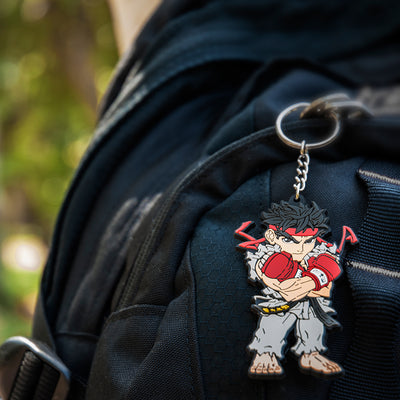Street Fighter Keychain tag on a backpack.