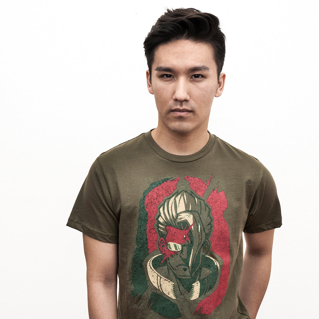 This dark green shirt features the face of Nash from Street Fighter. 